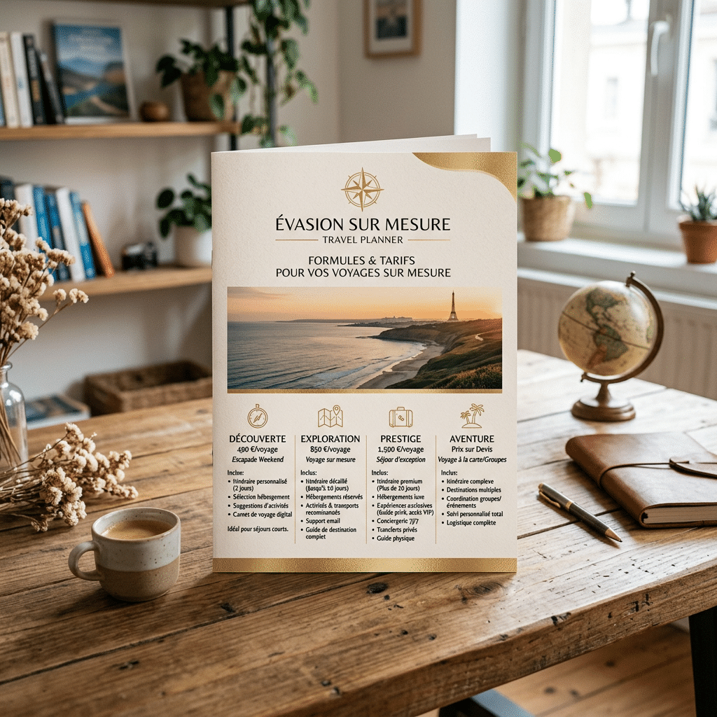 Brochure « ÉVASION SUR MESURE – TRAVEL PLANNER » présentant « FORMULES & TARIFS POUR VOS VOYAGES SUR MESURE », une photo côtière et les offres Découverte, Exploration, Prestige et Aventure.